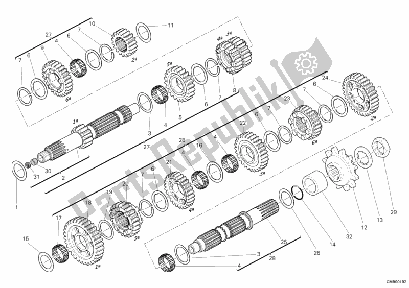All parts for the Gear Box of the Ducati Hypermotard 1100 EVO SP USA 2010